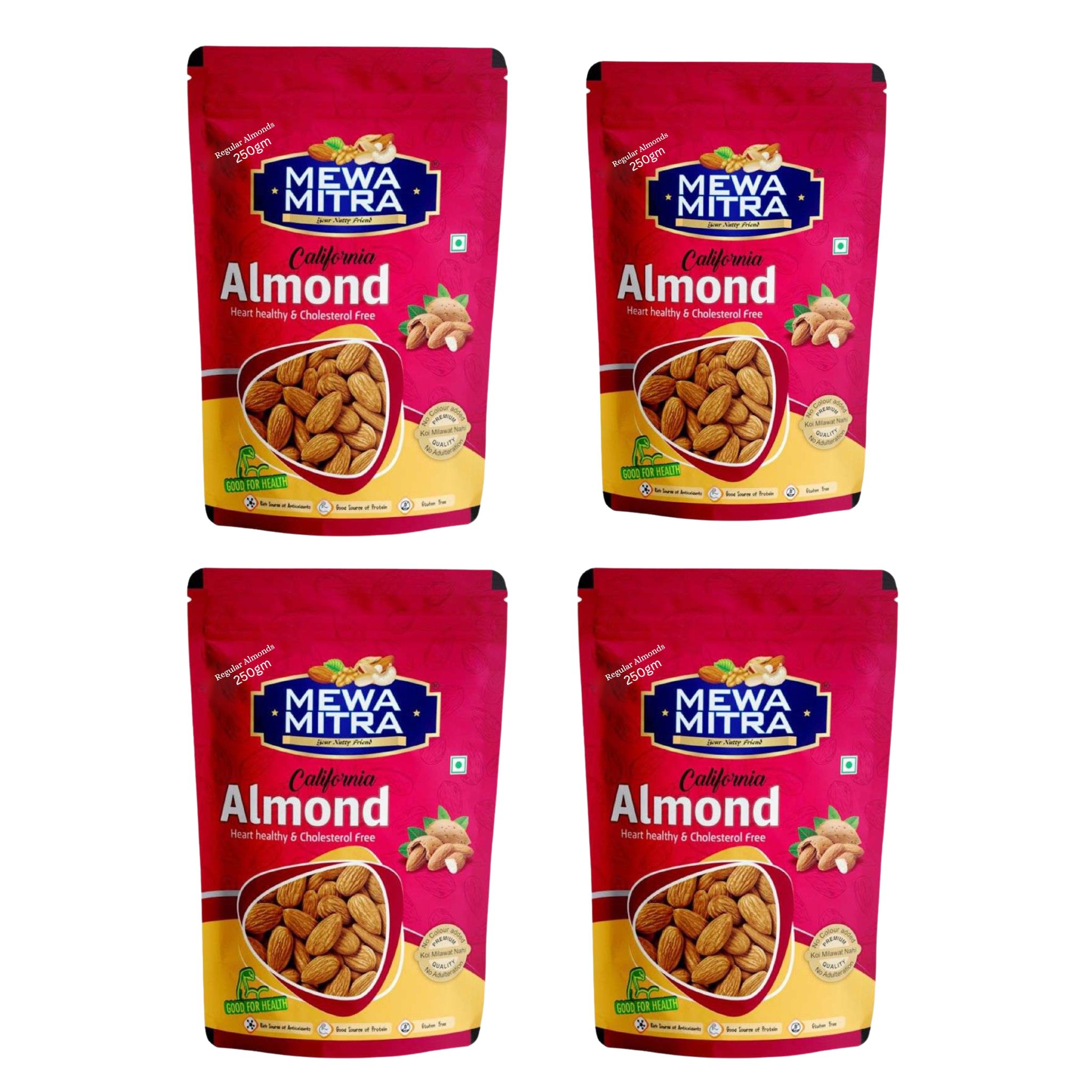 MewaMitra Regular Almonds 1kg (Pack of 4 x 250g) | Badam Giri | Natural Raw Almonds | Healthy Dry Fruits | Daily Snack Nuts