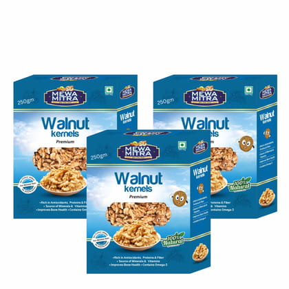 MewaMitra Premium Walnut Kernels 750g (Pack of 3 x 250g) | Akhrot Giri Without Shell | Light Golden Walnuts | Omega-3 Rich Healthy Dry Fruits