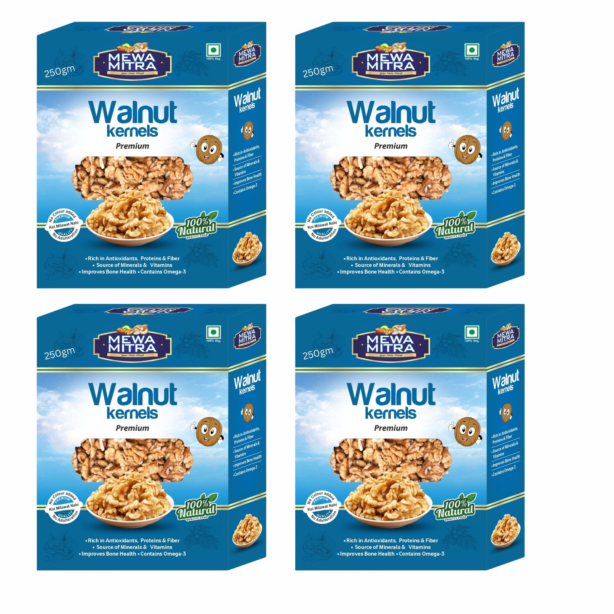 MewaMitra Premium Walnut Kernels 1kg (Pack of 4 x 250g) | Akhrot Giri Without Shell | Light Golden Walnuts | Omega-3 Rich Healthy Dry Fruits