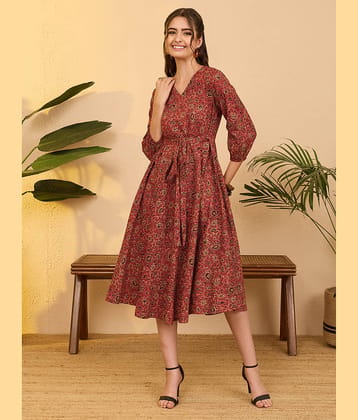 Janasya Women Cotton Printed A-line Dress ( Rust )