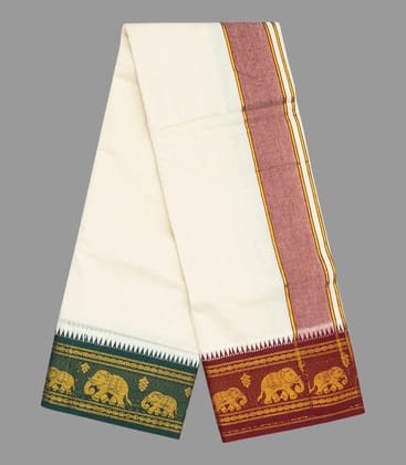 Cream 9 x 5 Cotton Dhoti with Green And Crimson Animal & Temple Border-Cream