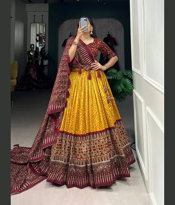 INDIAN SILKS Women Tussar Silk Flared Semi Stitched Lehenga Choli ( Yellow )