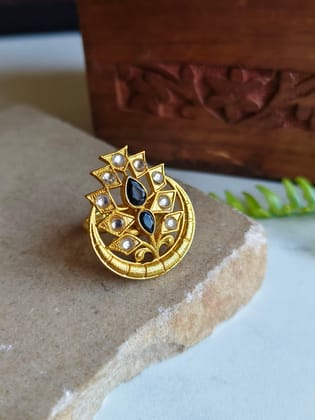 Gold-Plated Finger Ring with Moon Shape and Stones, Tree Design | Sarichka-Black+White