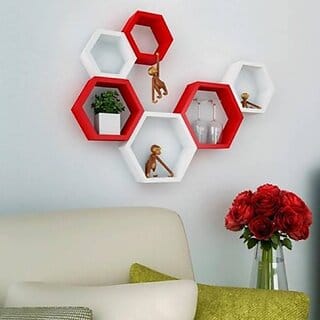 Onlinecraft Wooden Wall Rack Wooden Wall Shelf (Number Of Shelves - 6, Green, Orange, Multicolor)