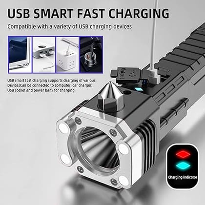 3W LED High Power Flashlight with Glass Breaker & Seat Belt Cutter | Long Range Beam, Water Resistant, Portable Emergency ToRch for Home, Car & Outdoor Use