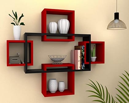 Wall Mount Intersecting Floating Shelves - Black & Red (Set of 6 Cubes)