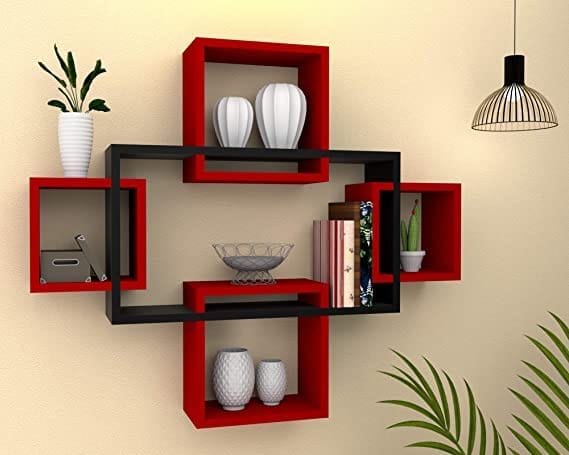 Wall Mount Intersecting Floating Shelves - Black & Red (Set of 6 Cubes)