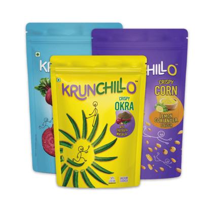 Krunchillo Beetroot Chips Chipotle, 50 gm + Crispy Corn Lemon Coriander, 60 gm + Crispy Okra, 50 gm - Pack of 3