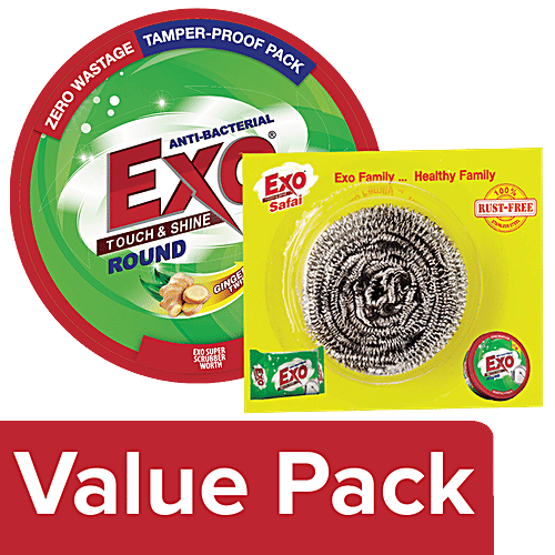 Exo Dish Wash - Round Anti Bacterial Withcyclozan 250 gm + Safal Steel Scrubber 1 pc, Combo 2 Items