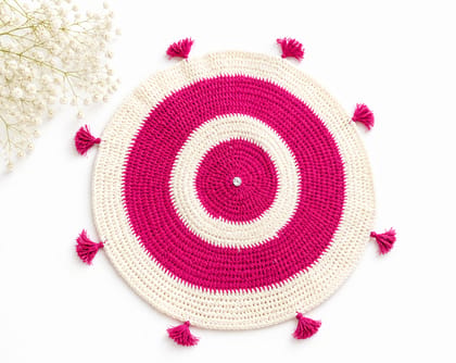 Handmade Crocheted Cotton Mandala Placemat with Tassels and Button Handmade Crocheted Cotton Mandala Placemat with Tassels and Button