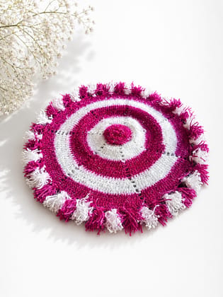 Handmade Crocheted Pink and White Thali Cover with Pompoms Handmade Crocheted Pink and White Thali Cover with Pompoms