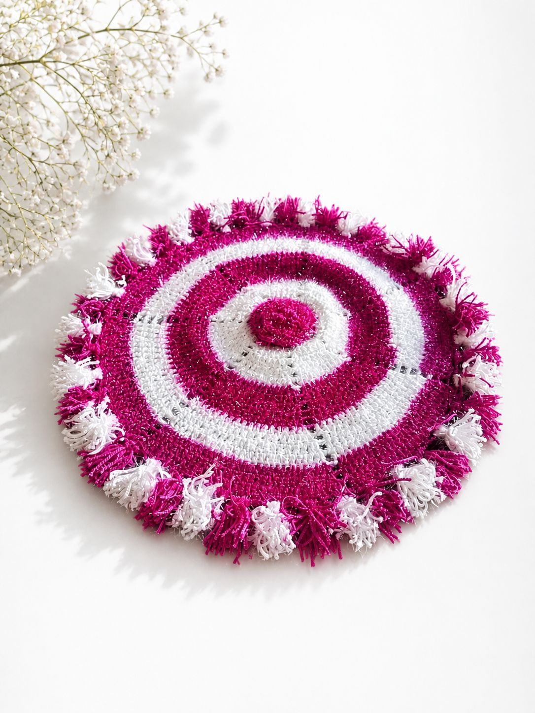 Handmade Crocheted Pink and White Thali Cover with Pompoms