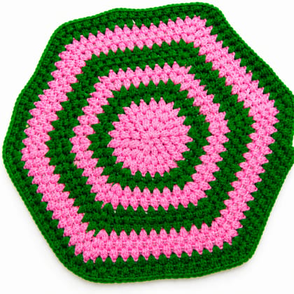Handmade Hexagonal Crochet Potholder Pink and Green Striped trivet Handmade Hexagonal Crochet Potholder Pink and Green Striped trivet