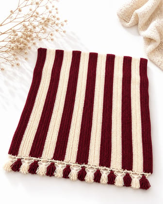 Maroon and Beige Striped Knitted Table Runner with Tassels