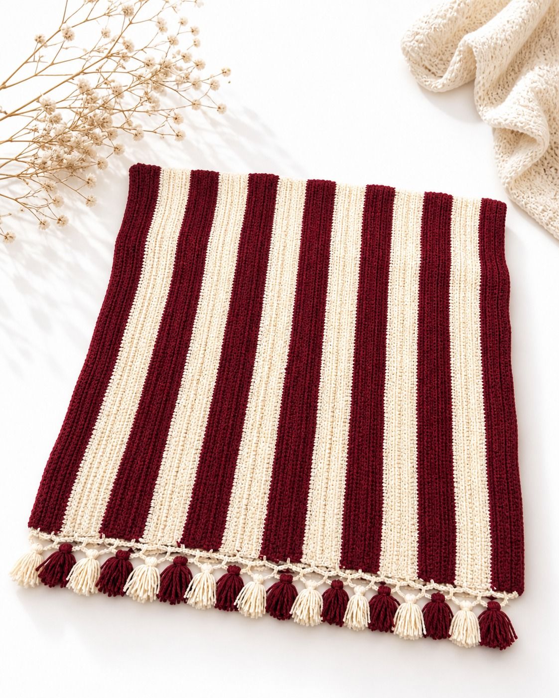Maroon and Beige Striped Knitted Table Runner with Tassels