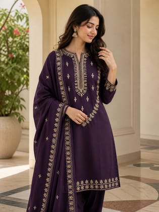 Elegant Purple Embroidered Cotton Kurta Set with Dupatta