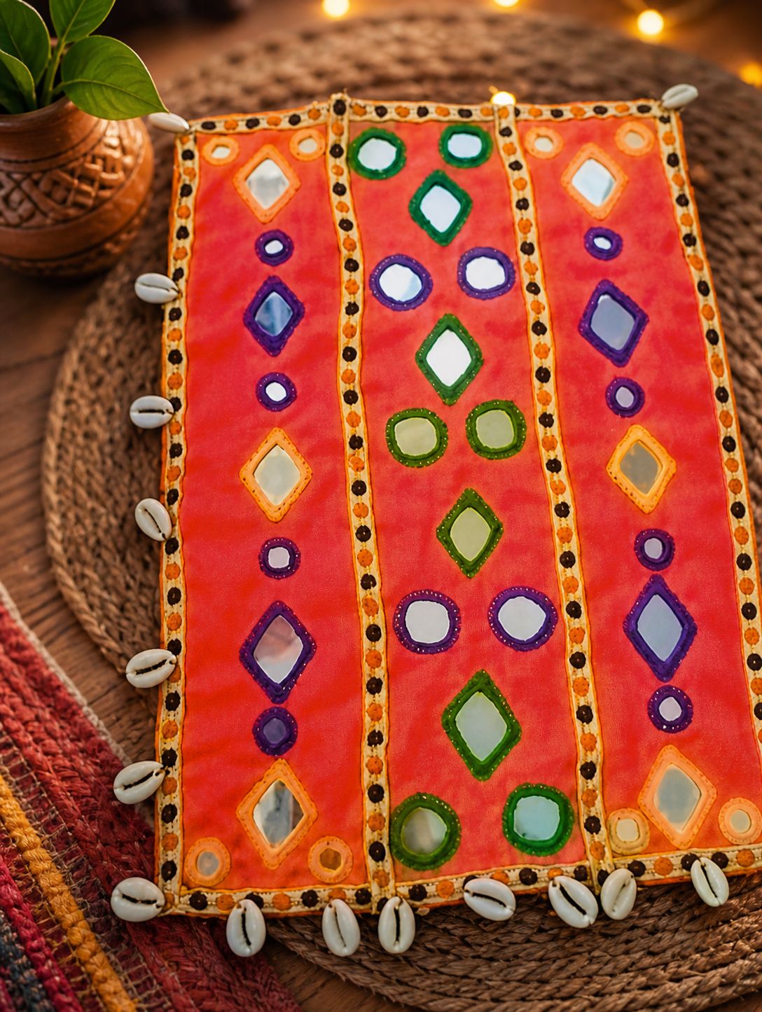 Handmade Orange Kutchi Mirror Work Mat with Shell Border