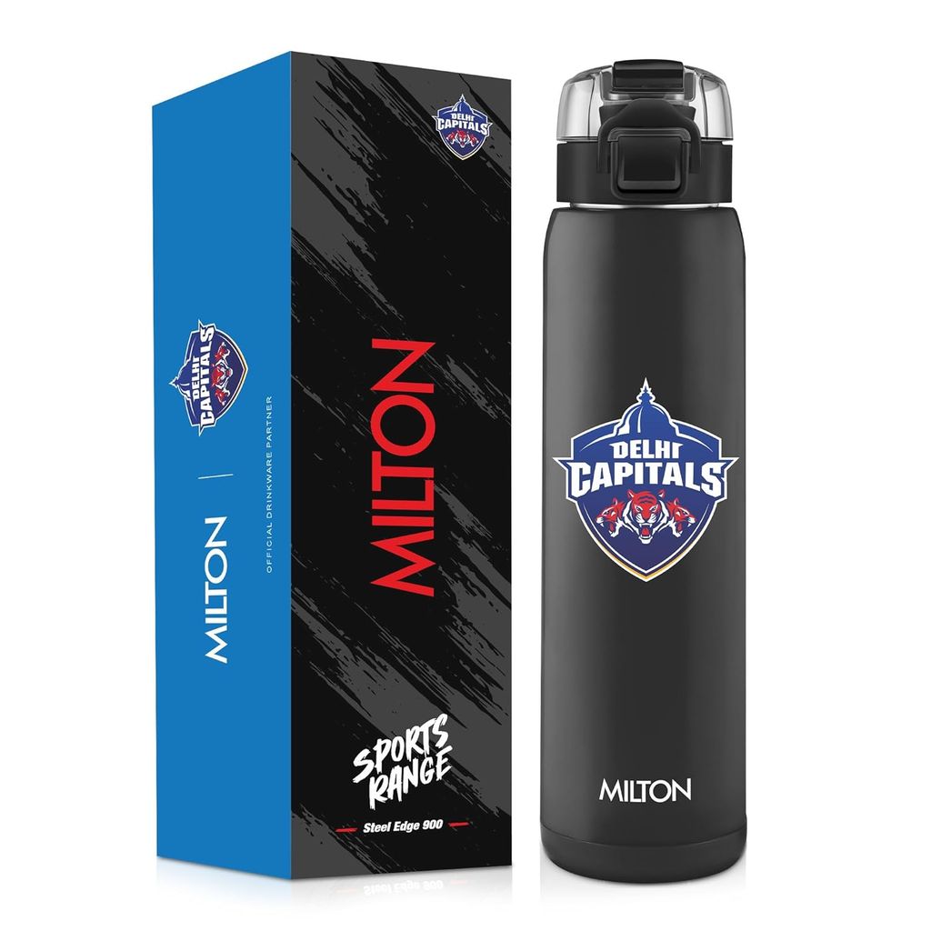 Milton Sports Steel Edge 900 | DC Official Drinkware Partner I Limited Edition Delhi Capitals Water Bottle | PU Insulated Sipper with Twin Lid | Designed for Cricket Lovers I 600 ml | Black