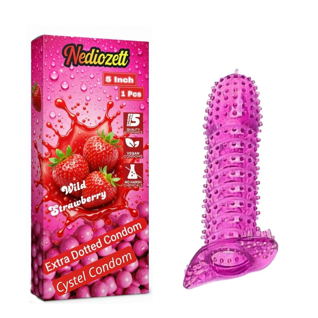 Nediozett Crystal Condom Wild Strawberry Flavor  For Long Last Action Silicone Reusable Condom Extra Dotted 5 inch (Pack of 1)