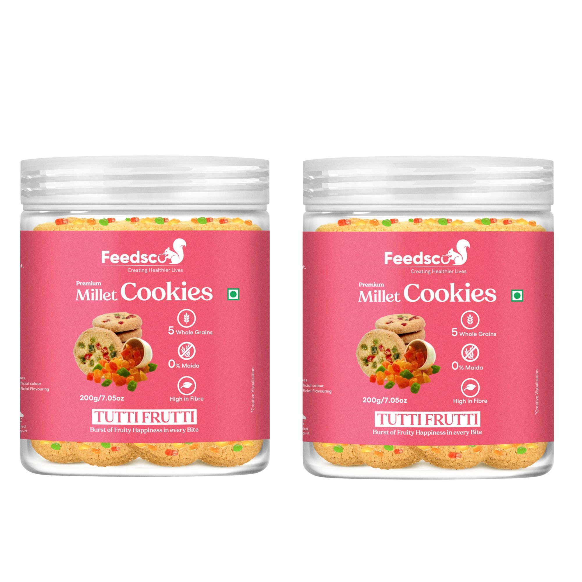 Feedsco Millet Tutti Frutti Cookies  (200g x 2 Packs) - Multigrain, Premium Handmade Healthy Snack Biscuits | No Preservatives | Ideal Kids Snack, Tiffin Box Treat