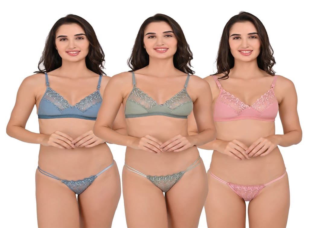 SVAHA Women's Non-Padded Lace Bra and G-String Set (Pack of 3) Multicolor