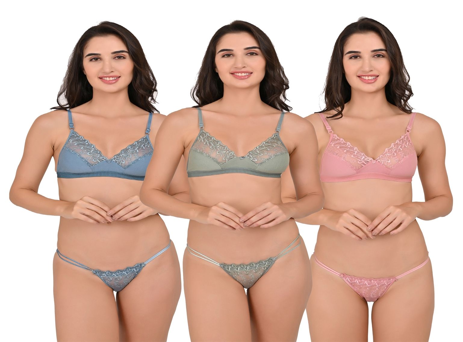 SVAHA Women's Non-Padded Lace Bra and G-String Set (Pack of 3) Multicolor