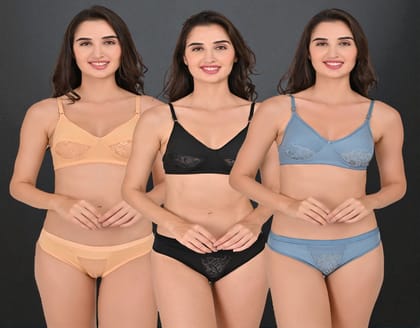 SVAHA Women’s Hosiery Net Bra & Panty Set (Pack of 3) | Soft Stretch Lingerie | Sizes 28–40 | Comfortable Everyday Innerwear