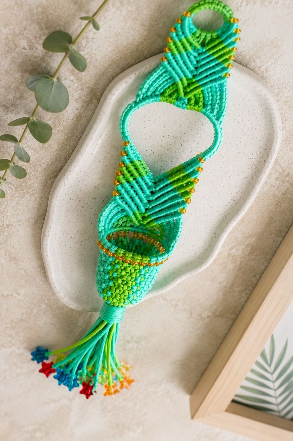 Handmade Macrame Mini Plant Hanger Teal & Green with Colorful Beads