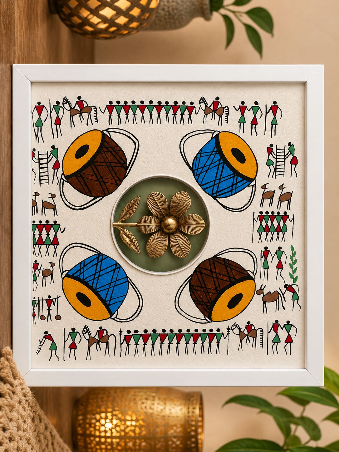 Handcrafted Warli Art Frame with Metal Floral Centerpiece