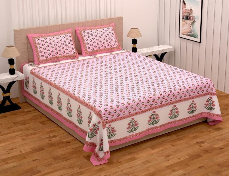 3001-Hometrade India-Standard King Size (90*108 Inches)-Buy Pure Cotton Jaipuri Printed Flat King Size Double Bedsheet With 2 Matching Pillow Cover