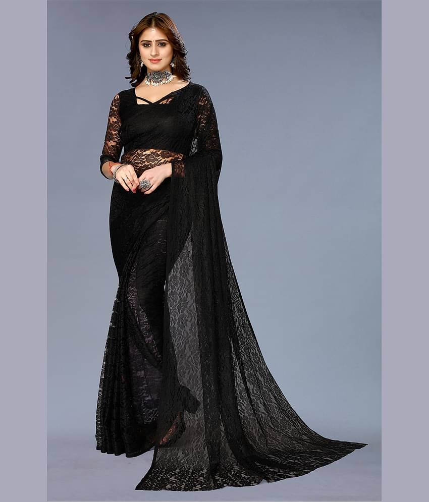 VANRAJ CREATION Net Self Design Saree With Unstitched Blouse Piece ( Black )