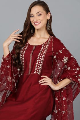 Maroon Silk Blend Straight Kurta Pant With Dupatta PKSKD1902 Maroon Silk Blend Straight Kurta Pant With Dupatta PKSKD1902
