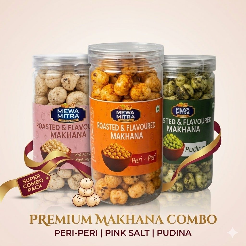 MewaMitra Makhana Combo Pack (3 x 45g) | Pudina Masala + Peri Peri + Black Pepper Pink Salt | Roasted Fox Nuts | Healthy Flavoured Snack | 135g