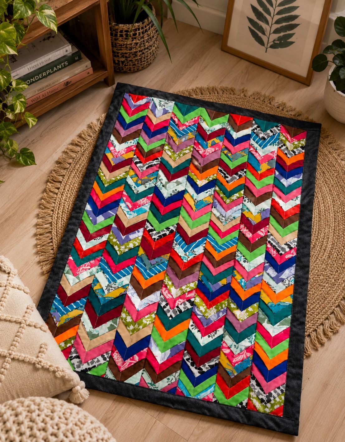 Handmade Multicolour Chevron Patterned Small Quilt or Runner