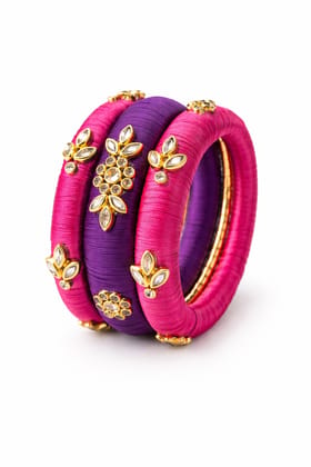 Traditional Pink and Purple Silk Thread Kundan Bangle Set for Women Traditional Pink and Purple Silk Thread Kundan Bangle Set for Women