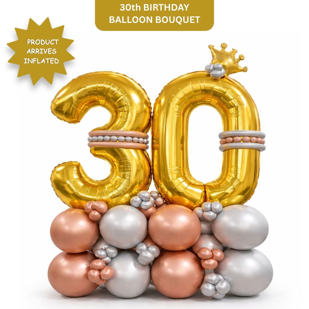 Signature Number 30 Large Golden Balloon Bouquet Arrangement with Small Crown & Silver, Rosegold Latex Balloons - Party and Festive Needs | Buy online on ZillyBuy