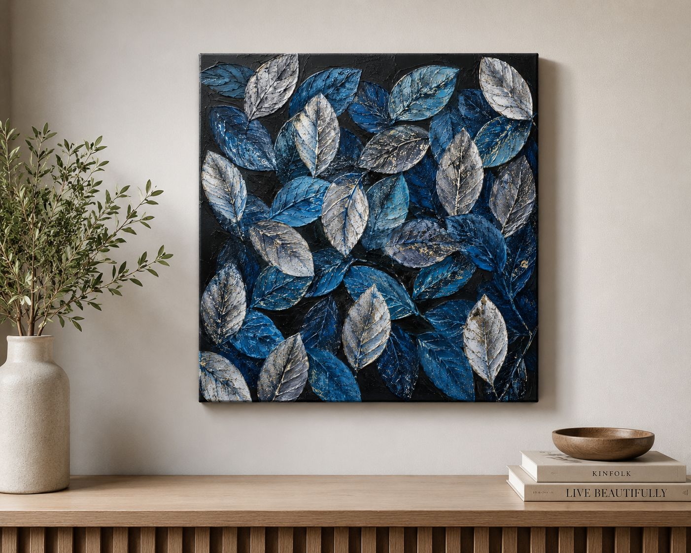 Abstract 3D Blue Silver Leaves Oil Painting on Canvas 60x60cm