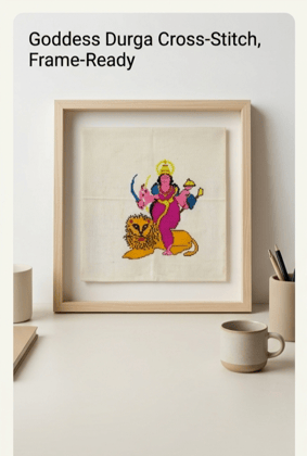 Handmade Goddess Durga Cross-Stitch on Linen Fabric