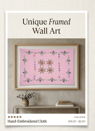 Hand-Embroidered Pink Tablecloth or Wall Art