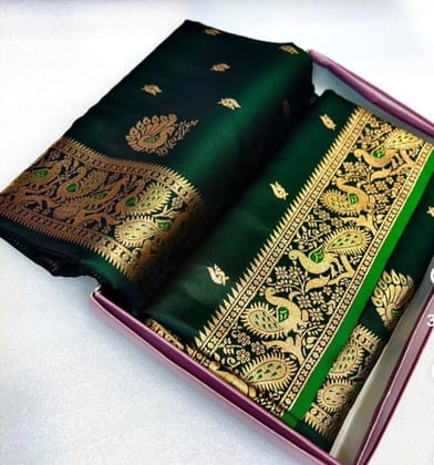 Women's Banarasi Silk Blend Saree - Dark Green & Gold