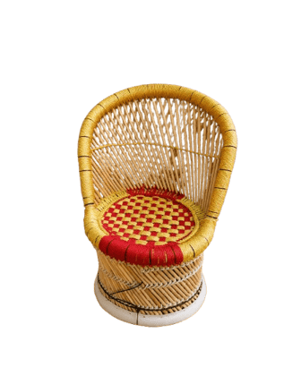 Handmade Bamboo Rattan Mudda Chair with Red Yellow Woven Seat