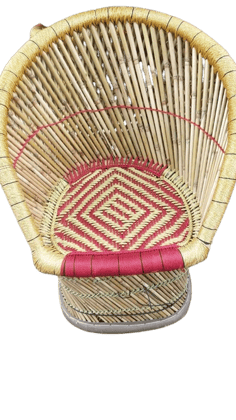 Handmade Bamboo Rattan Mudda Chair with Red Yellow Diamond Pattern
