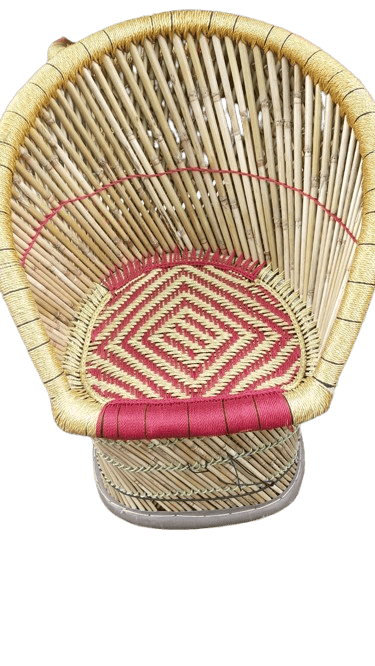 Handmade Bamboo Rattan Mudda Chair with Red Yellow Diamond Pattern