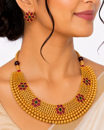 Gold Plated Traditional Floral Stone Necklace Set with Earring