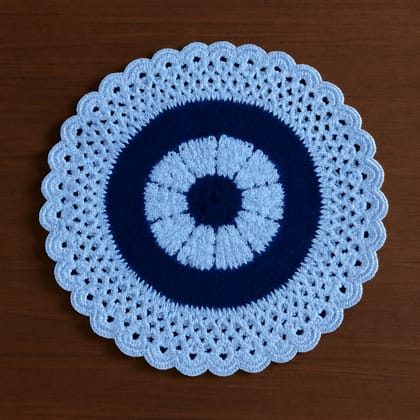 Hand-Crocheted Evil Eye Circular Placemat / Doily - Blue & White