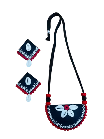 Handmade Black Fabric Necklace and Earrings Jewelry Set with Cowrie Shells