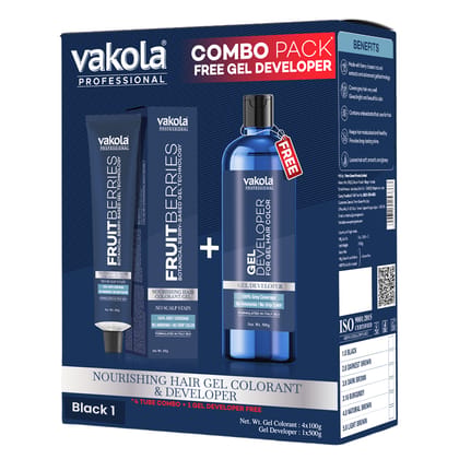 Vakola Professional FruitBerries Gel Hair Colourant Natural Black 4 Tubes x 100g with 500g Gel Developer, No Scalp Stain, No Dripping, 100% Grey Coverage