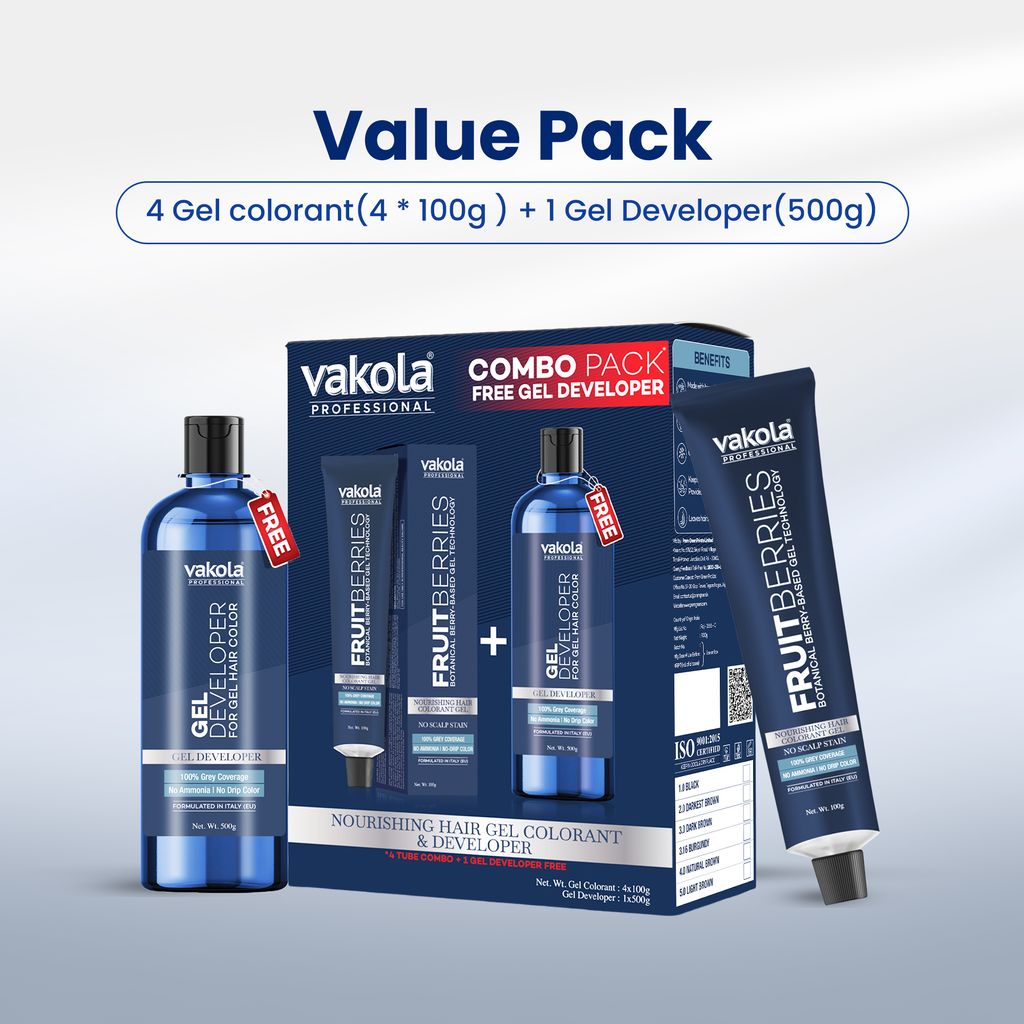 Vakola Professional FruitBerries Gel Hair Colourant Natural Black 4 Tubes x 100g with 500g Gel Developer, No Scalp Stain, No Dripping, 100% Grey Coverage