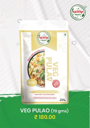 Tasste Palate Veg Pulao (70g) | Aromatic Basmati Rice with Vegetables | Instant Ready to Eat Meal | Freeze Dried | Lunch Box Special Tasste Palate Veg Pulao (70g) | Aromatic Basmati Rice with Vegetables | Instant Ready to Eat Meal | Freeze Dried | Lunch Box Special