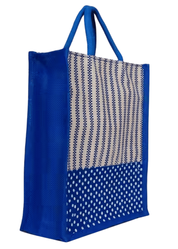 Handicraft Villa Handmade Blue Polka Dot And Stripe Print Jute Tote Bag
